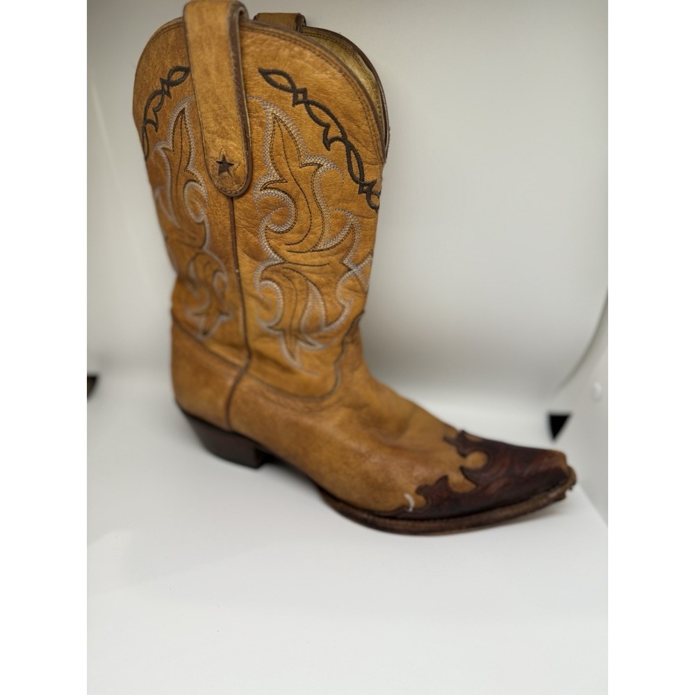 Tony Lama Vintage‎ Western Cowboy Boots Leather Cognac Tan Stitched 9.5B - Picture 8 of 9